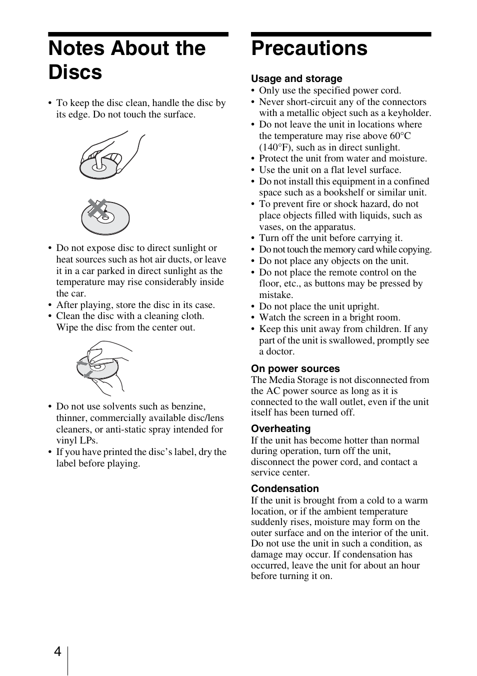 Notes about the discs, Precautions | Sony HDMS-S1D User Manual | Page 4 / 79