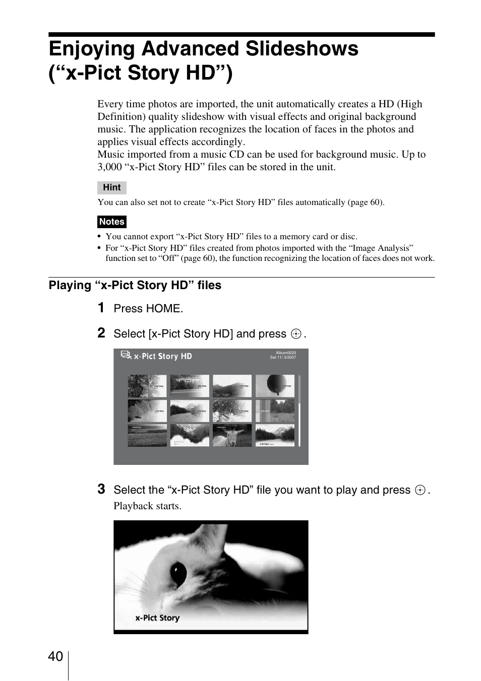 Enjoying advanced slideshows (“x-pict story hd”), Playing “x-pict story hd” files | Sony HDMS-S1D User Manual | Page 40 / 79