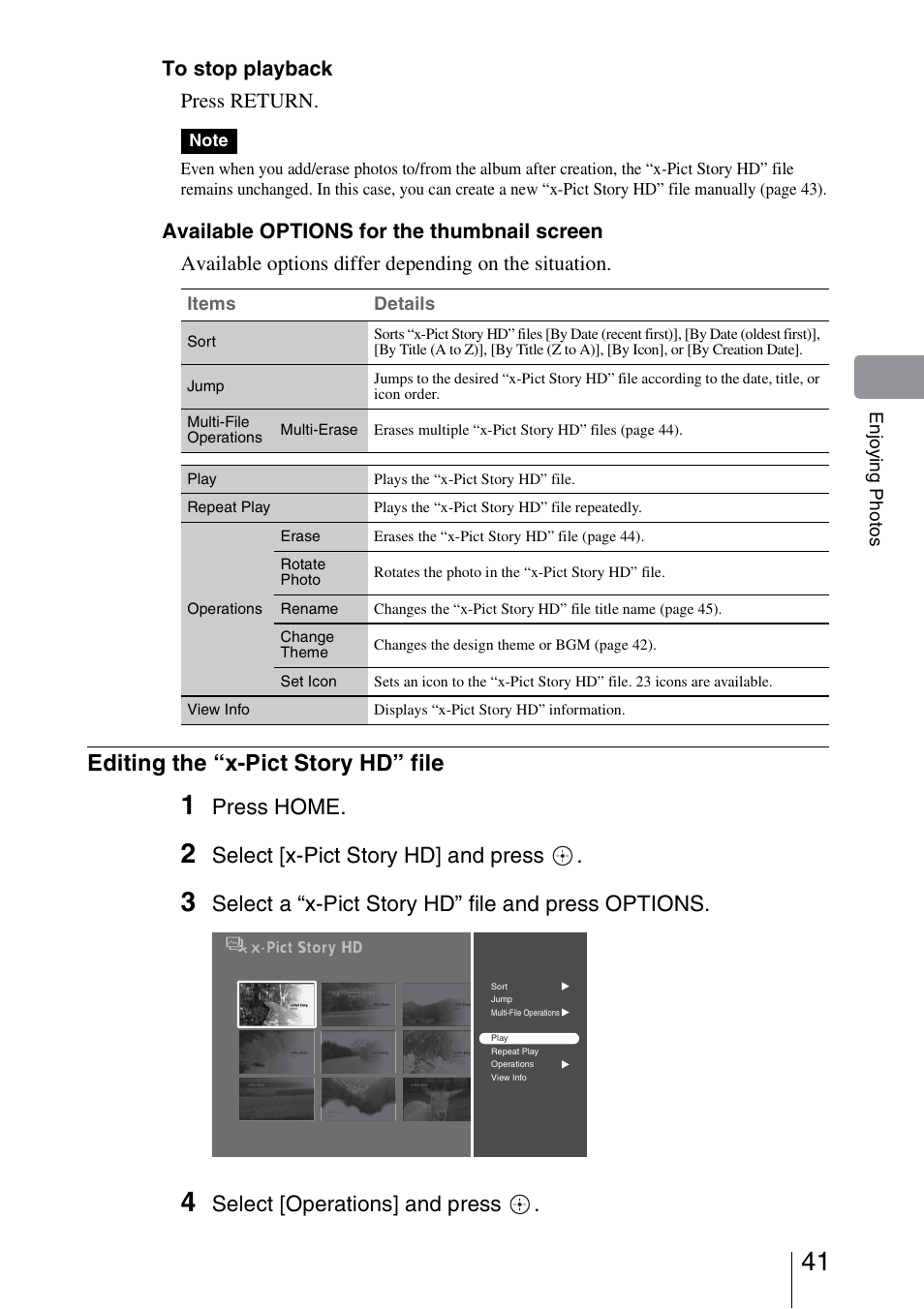 Editing the “x-pict story hd” file, Press home, Select [x-pict story hd] and press | Select a “x-pict story hd” file and press options, Select [operations] and press | Sony HDMS-S1D User Manual | Page 41 / 79