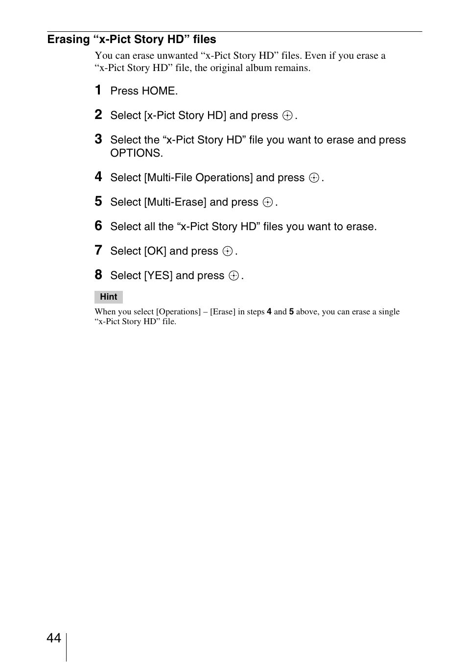 Erasing “x-pict story hd” files | Sony HDMS-S1D User Manual | Page 44 / 79