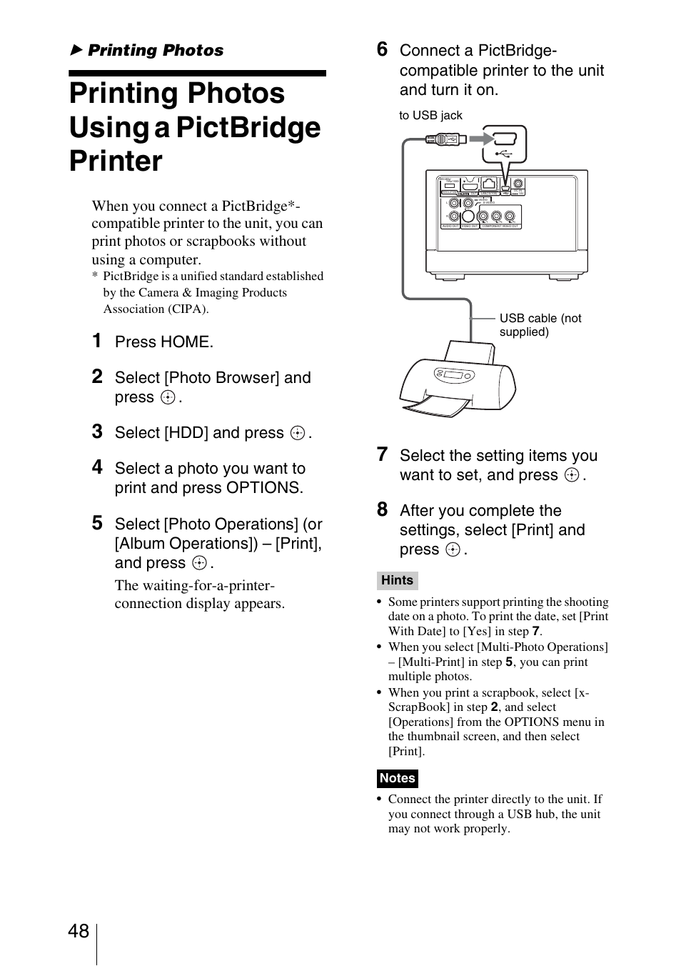 Printing photos, Printing photos using a pictbridge printer, Press home | Select [photo browser] and press, Select [hdd] and press, Select a photo you want to print and press options | Sony HDMS-S1D User Manual | Page 48 / 79