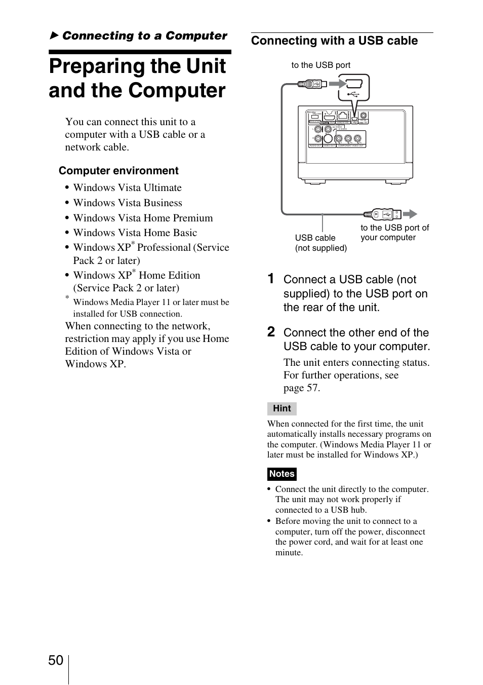 Connecting to a computer, Preparing the unit and the computer, Connecting with a usb cable | Home edition (service pack 2 or later) | Sony HDMS-S1D User Manual | Page 50 / 79