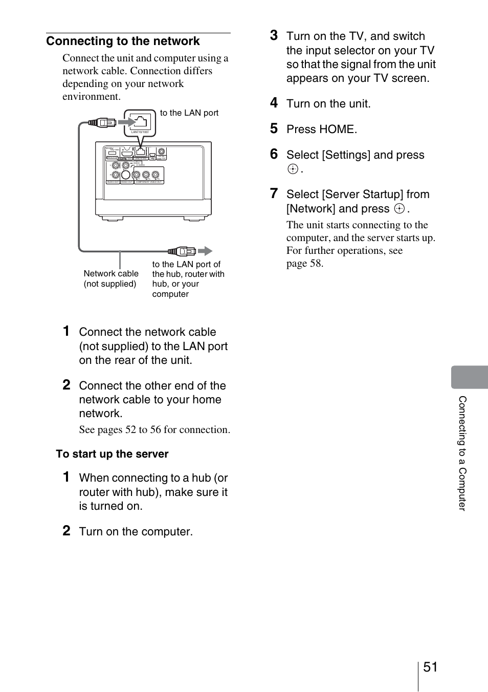 Connecting to the network, Turn on the computer, Turn on the unit | Press home, Select [settings] and press, Select [server startup] from [network] and press | Sony HDMS-S1D User Manual | Page 51 / 79