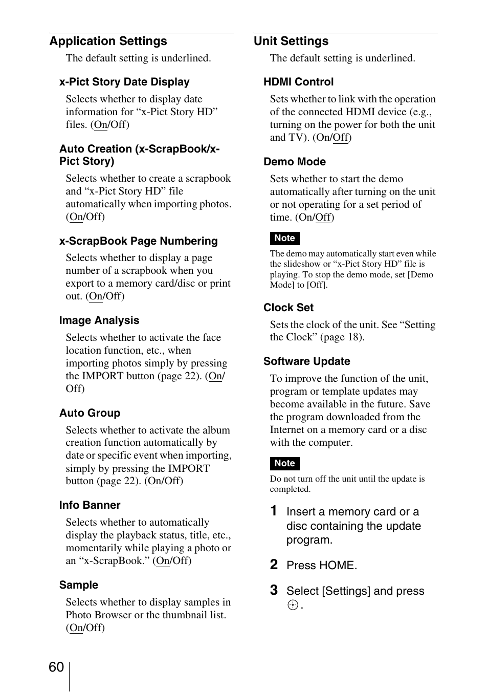 Application settings, Unit settings | Sony HDMS-S1D User Manual | Page 60 / 79