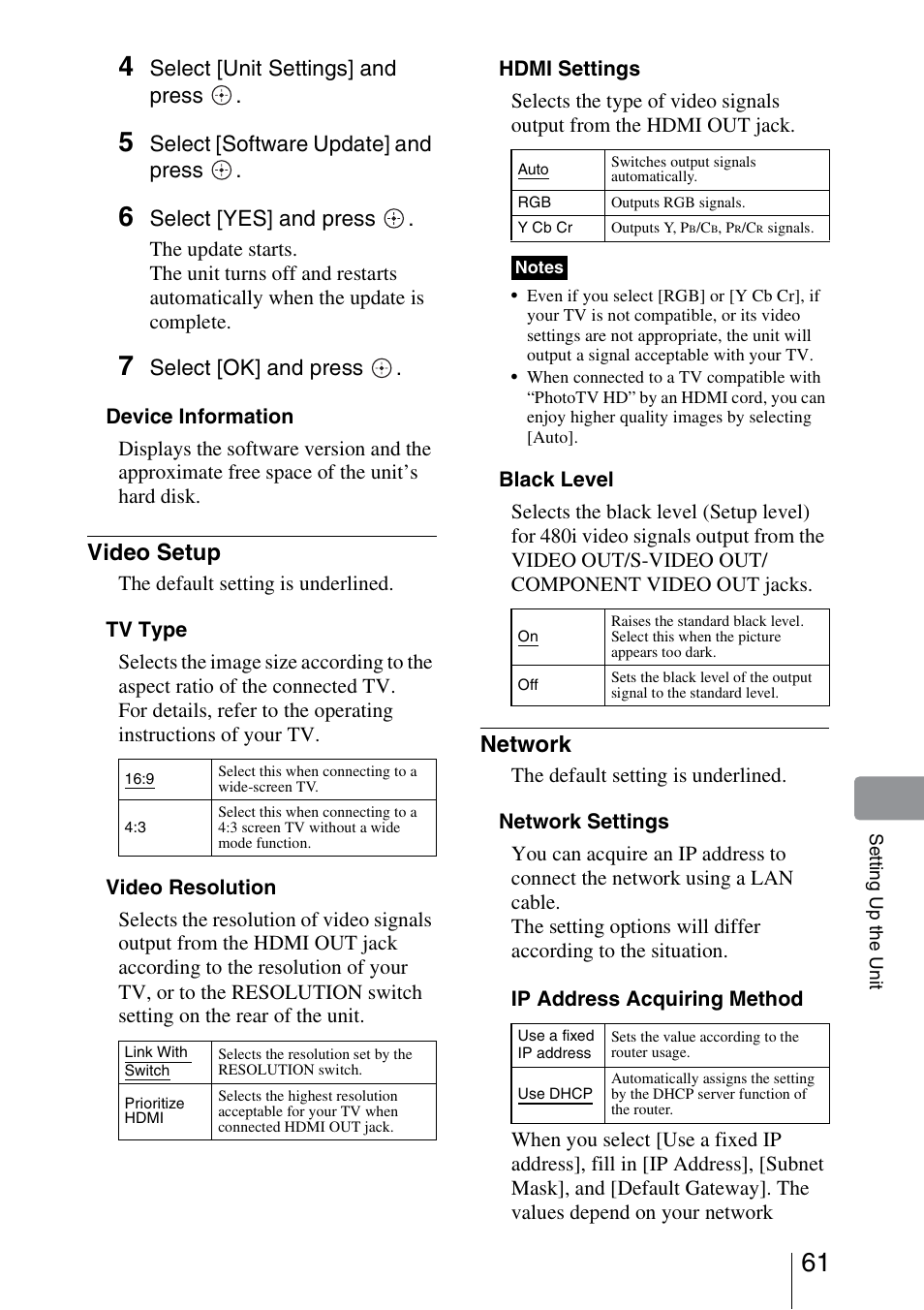 Video setup, Network, E “network settings” di | Select [unit settings] and press, Select [software update] and press, Select [yes] and press, Select [ok] and press | Sony HDMS-S1D User Manual | Page 61 / 79