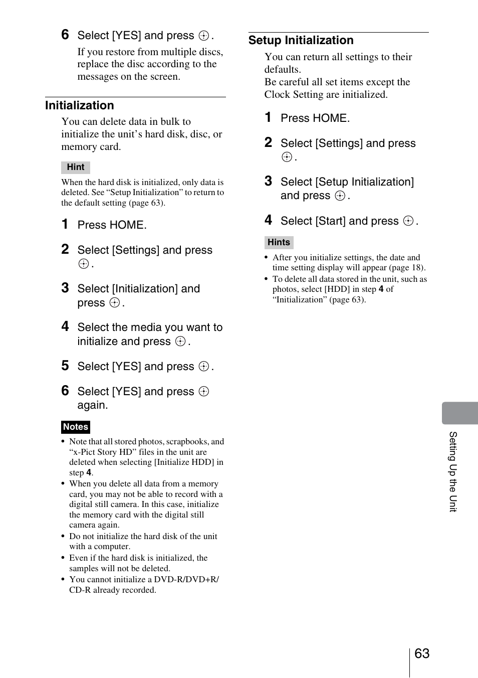 Initialization, Setup initialization | Sony HDMS-S1D User Manual | Page 63 / 79