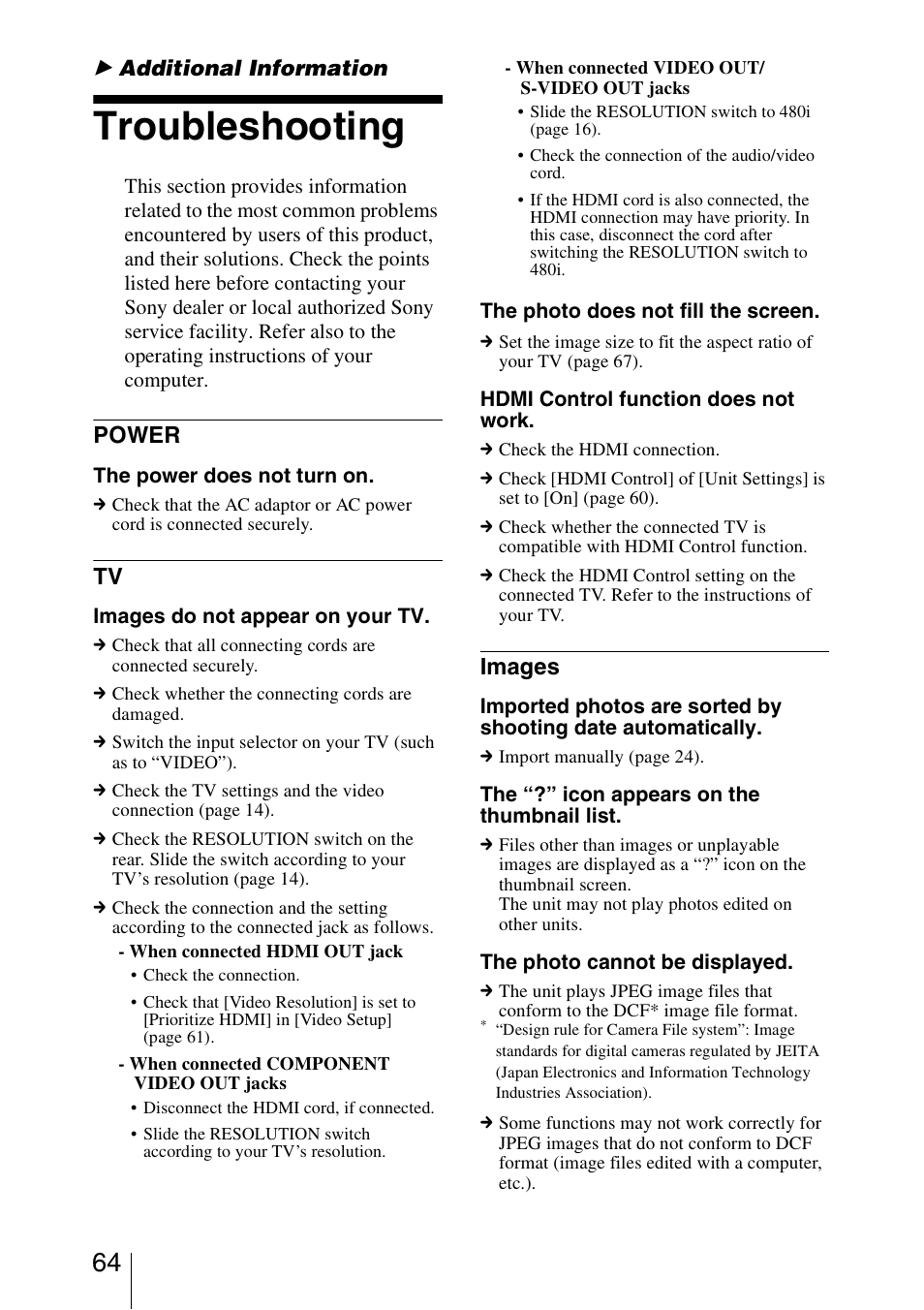 Additional information, Troubleshooting, Power | Images | Sony HDMS-S1D User Manual | Page 64 / 79