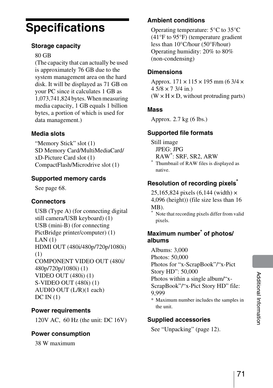 Specifications | Sony HDMS-S1D User Manual | Page 71 / 79