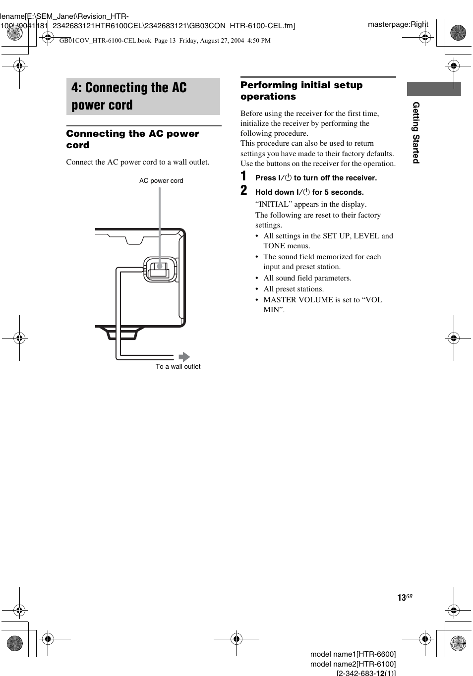 Connecting the ac power cord | Sony Model HTR-6100 User Manual | Page 13 / 40
