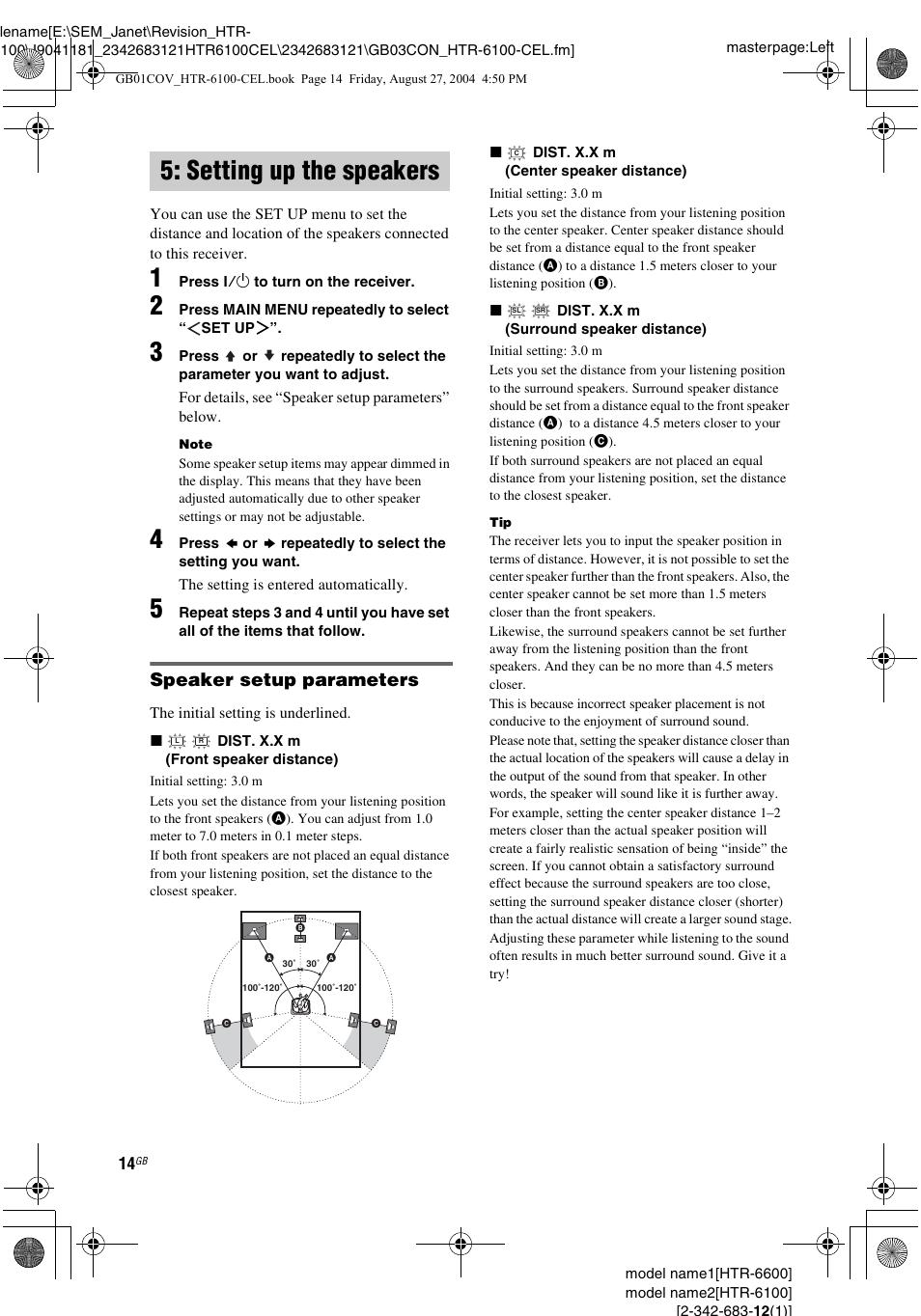 Setting up the speakers, Speaker setup parameters | Sony Model HTR-6100 User Manual | Page 14 / 40