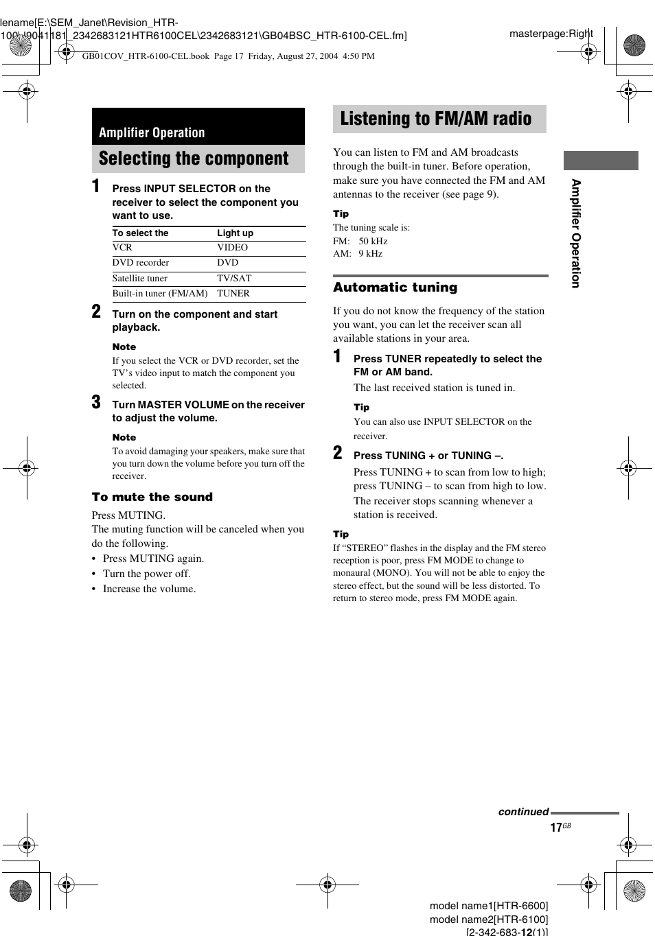 Amplifier operation, Selecting the component, Listening to fm/am radio | Selecting the component listening to fm/am radio | Sony Model HTR-6100 User Manual | Page 17 / 40