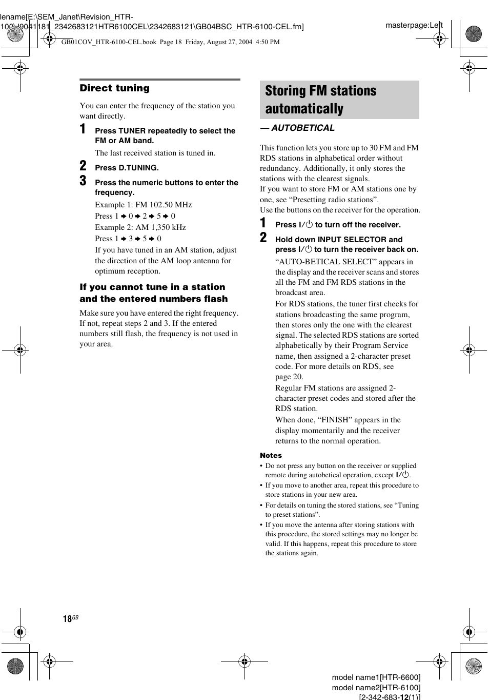 Storing fm stations automatically, Autobetical | Sony Model HTR-6100 User Manual | Page 18 / 40