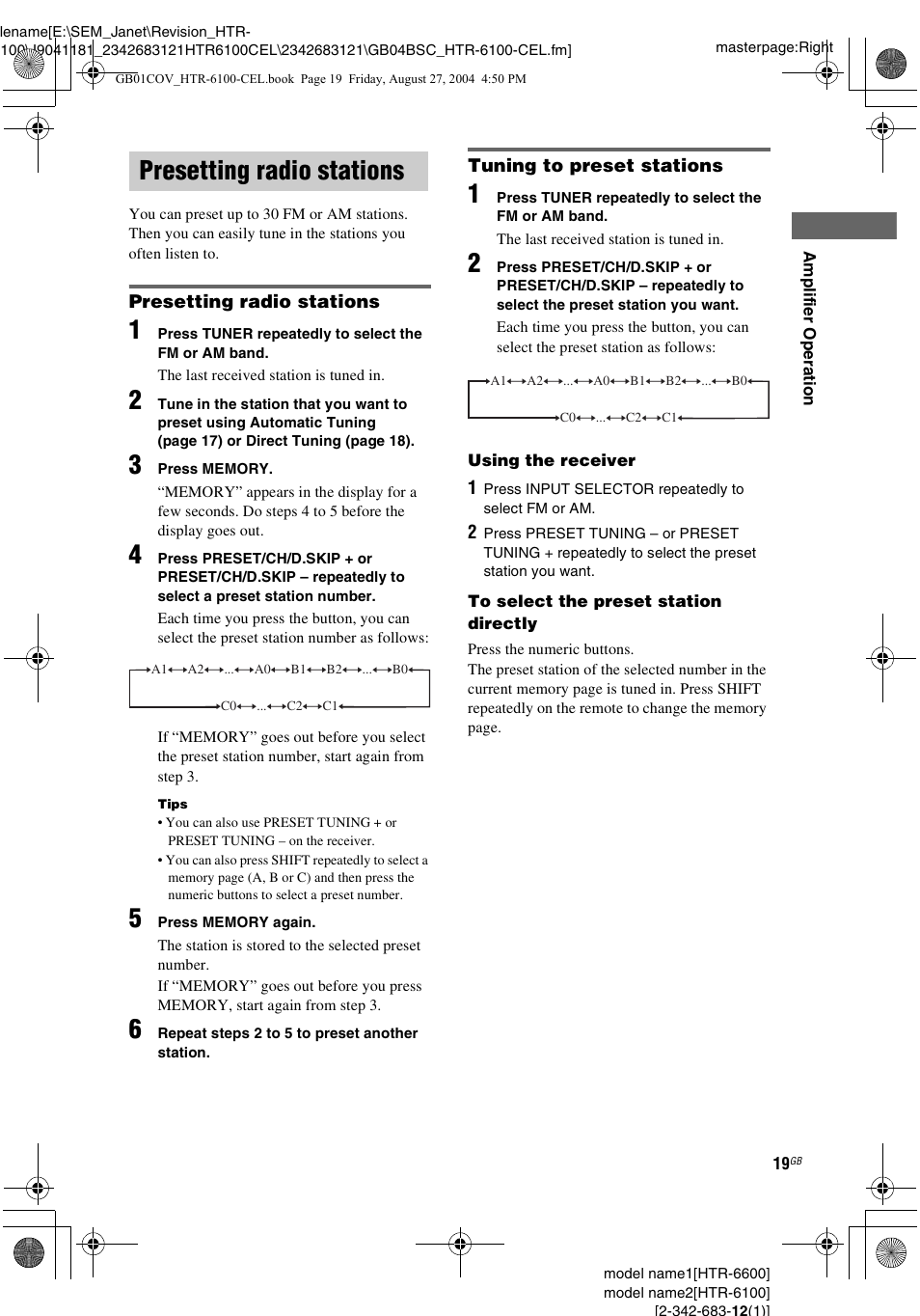 Presetting radio stations, See “presetting radio stations, See “tuning | To preset stations | Sony Model HTR-6100 User Manual | Page 19 / 40