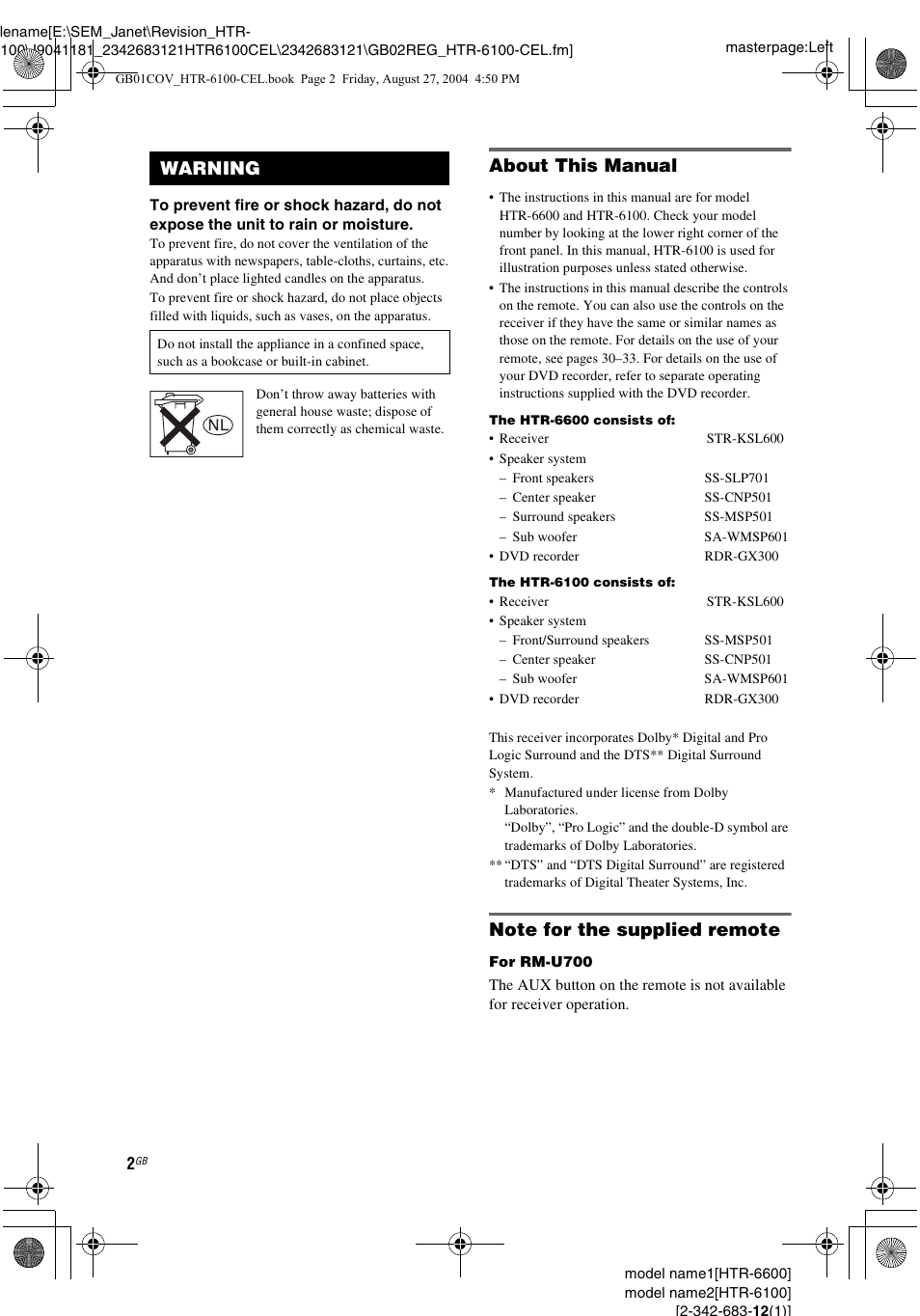 About this manual, Warning | Sony Model HTR-6100 User Manual | Page 2 / 40