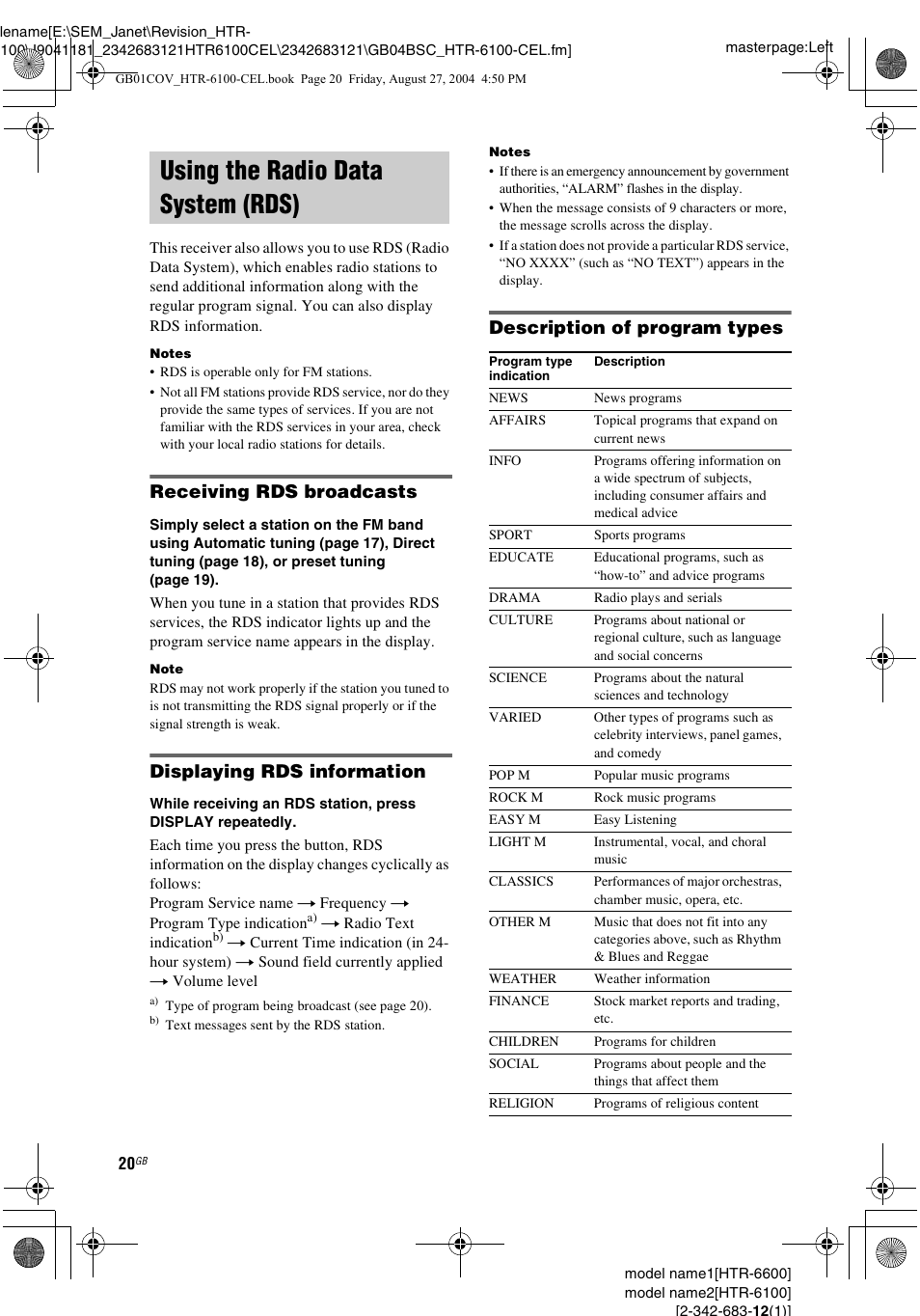 Using the radio data system (rds), Receiving rds broadcasts, Displaying rds information | Description of program types | Sony Model HTR-6100 User Manual | Page 20 / 40