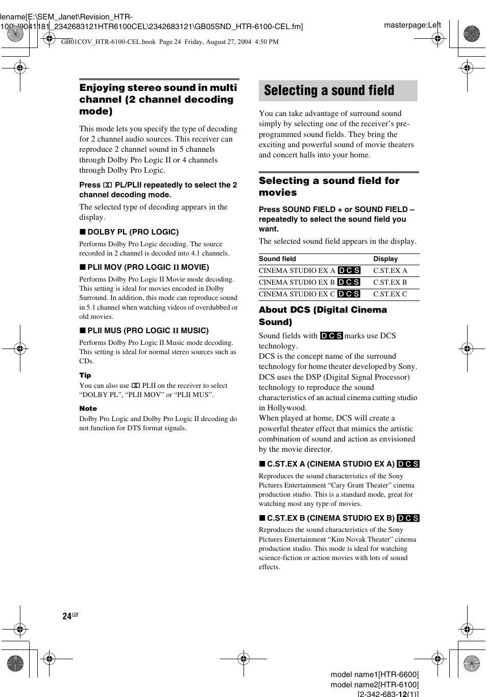 Selecting a sound field, Selecting a sound field for movies | Sony Model HTR-6100 User Manual | Page 24 / 40