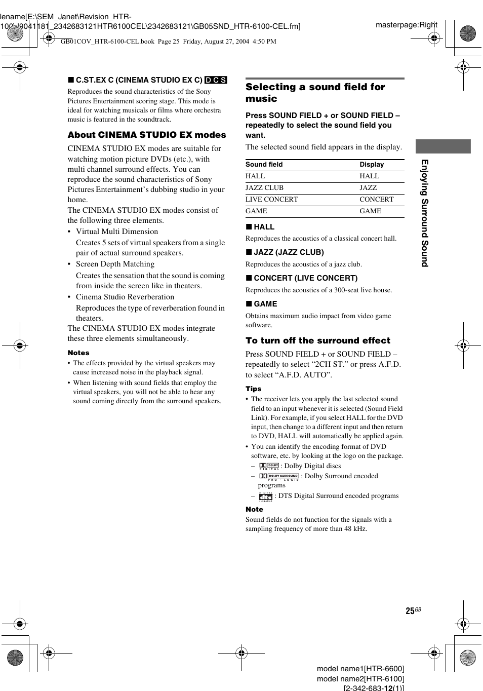 Selecting a sound field for music | Sony Model HTR-6100 User Manual | Page 25 / 40