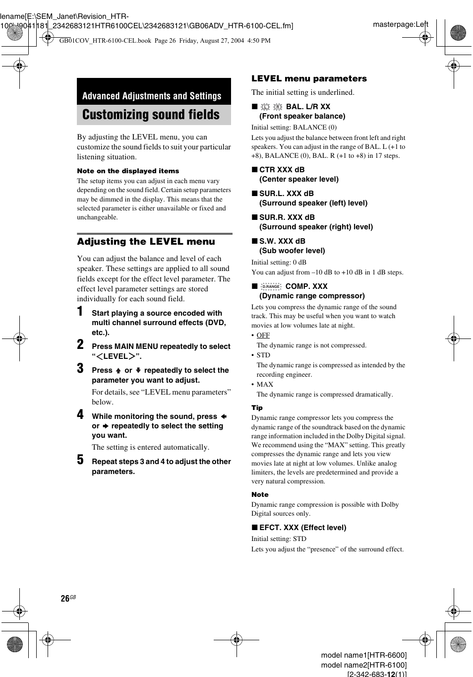 Advanced adjustments and settings, Customizing sound fields, Adjusting the level menu | Sony Model HTR-6100 User Manual | Page 26 / 40