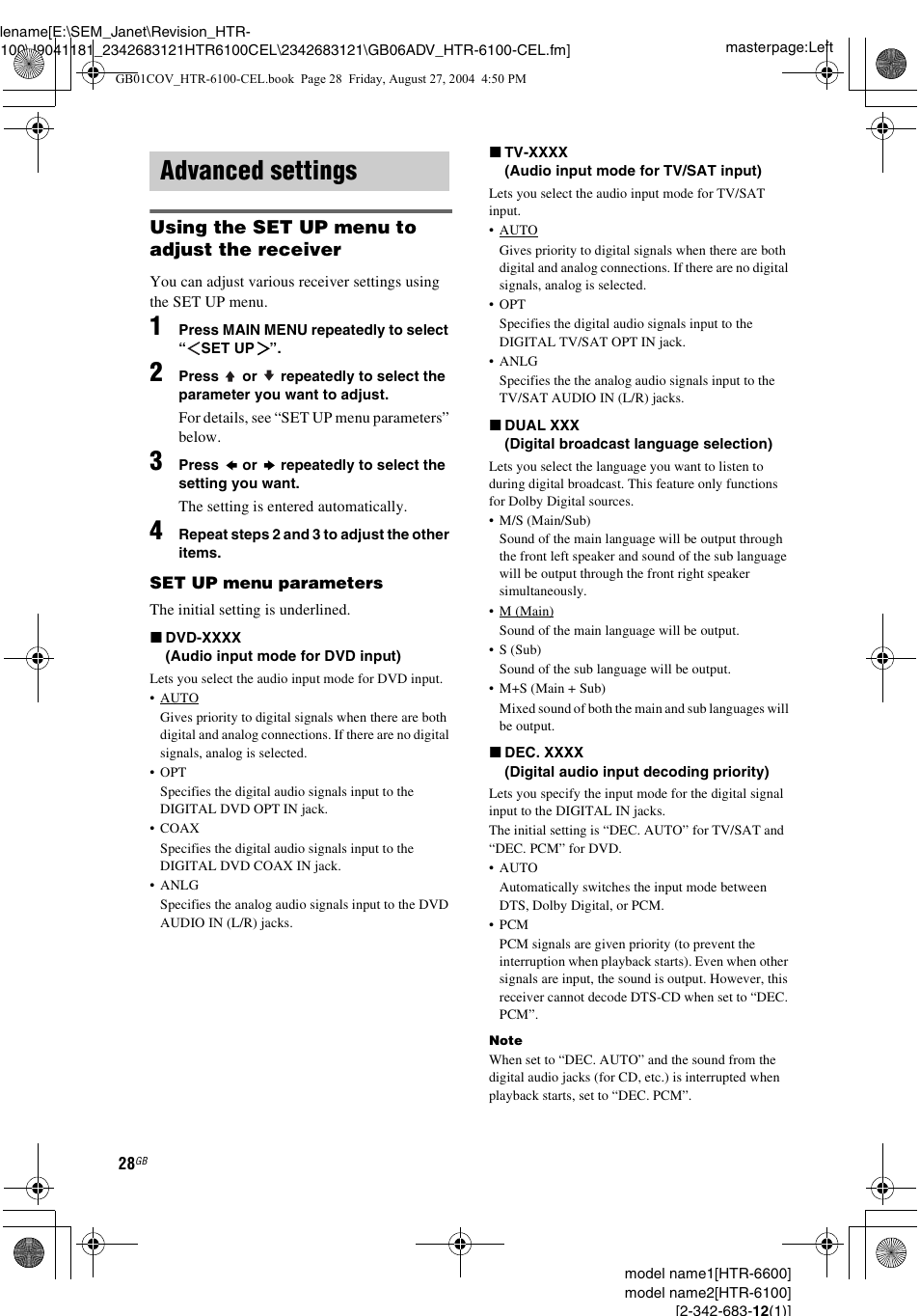 Advanced settings, Using the set up menu to adjust the receiver | Sony Model HTR-6100 User Manual | Page 28 / 40