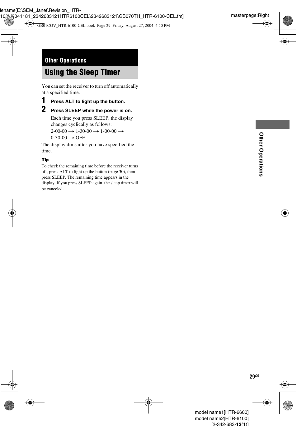 Other operations, Using the sleep timer | Sony Model HTR-6100 User Manual | Page 29 / 40