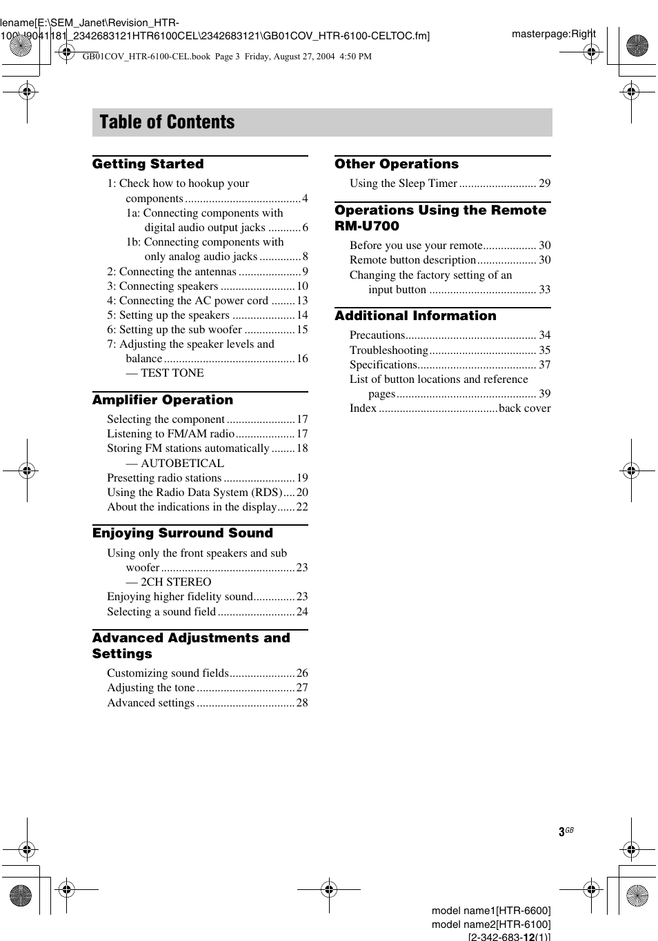 Sony Model HTR-6100 User Manual | Page 3 / 40