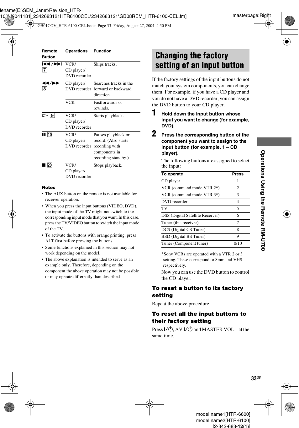 Changing the factory setting of an input button, Changing the factory setting of an, Input button | Sony Model HTR-6100 User Manual | Page 33 / 40