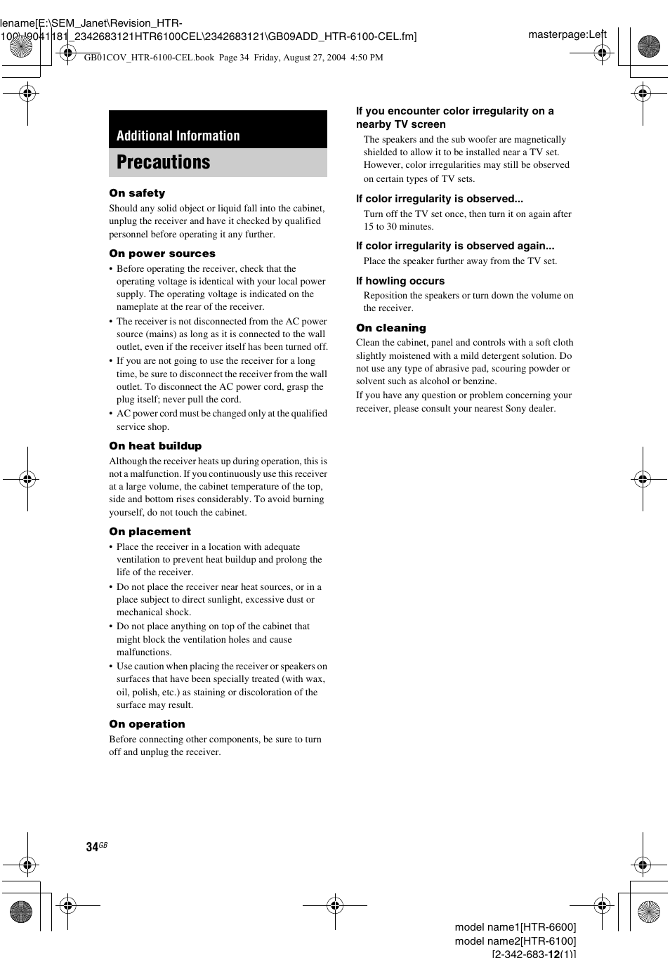 Additional information, Precautions | Sony Model HTR-6100 User Manual | Page 34 / 40