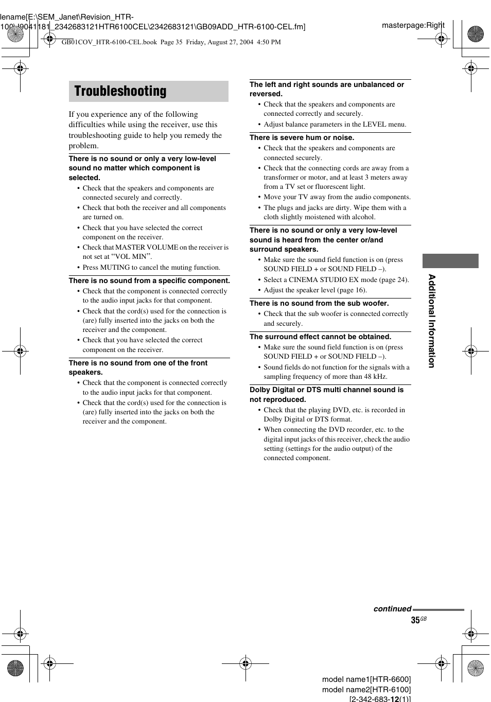 Troubleshooting | Sony Model HTR-6100 User Manual | Page 35 / 40