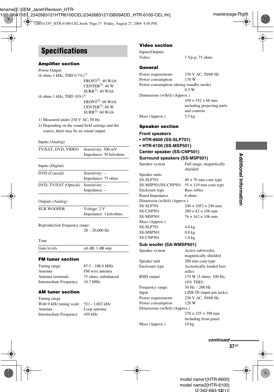 Specifications | Sony Model HTR-6100 User Manual | Page 37 / 40