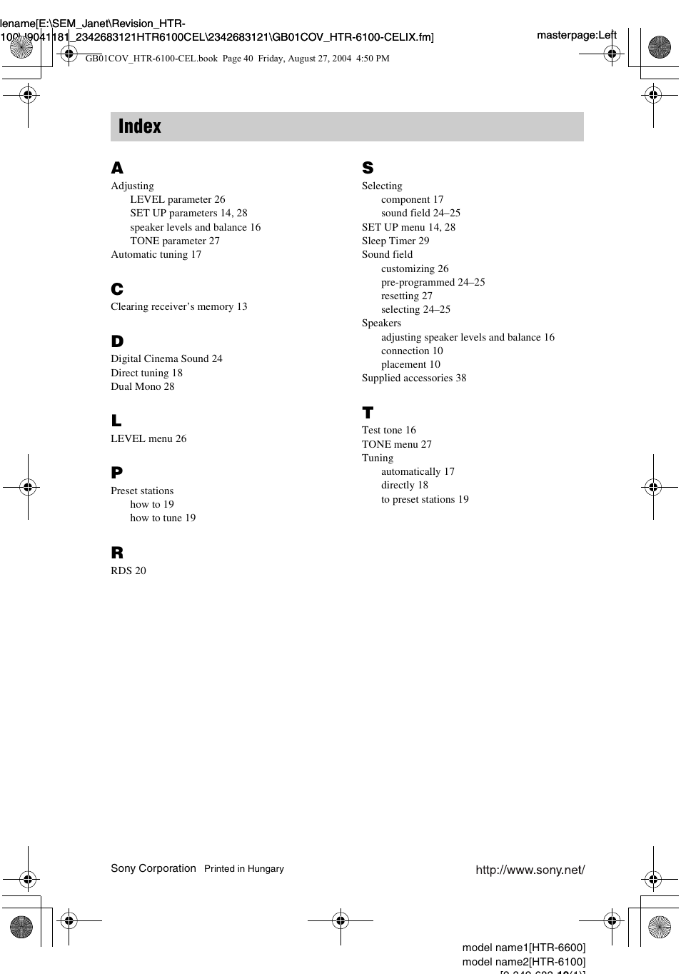 Index | Sony Model HTR-6100 User Manual | Page 40 / 40