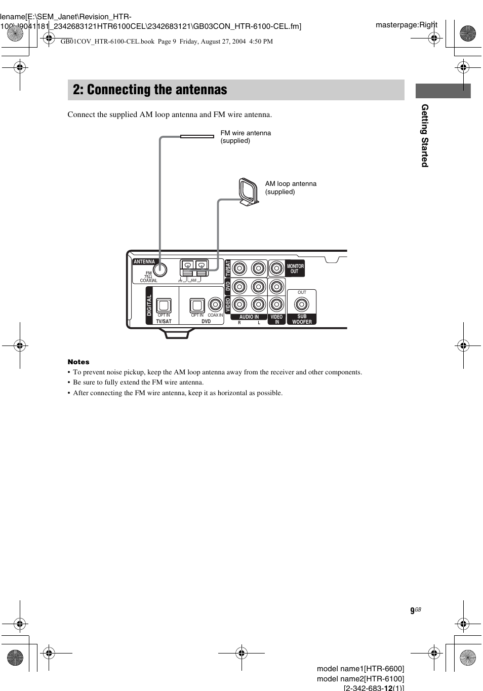 Connecting the antennas, Gettin g star ted | Sony Model HTR-6100 User Manual | Page 9 / 40