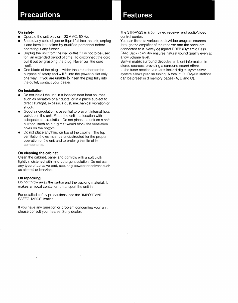 Oh safety, On installation, On cleaning the cabinet | On repacking | Sony 3-753-022-22(1) User Manual | Page 10 / 12