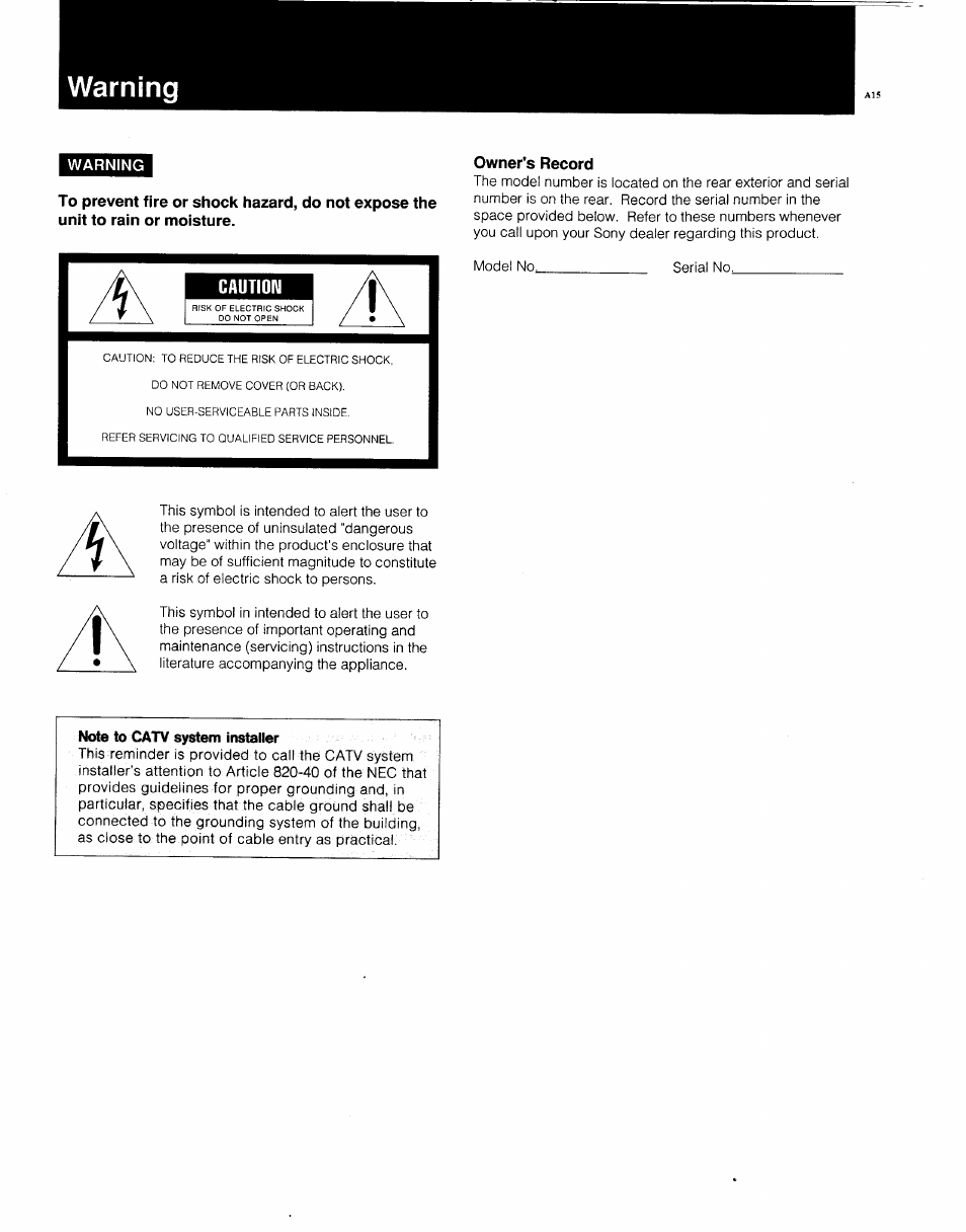 Warning, Caution, Note to catv system installer | Sony 3-753-022-22(1) User Manual | Page 11 / 12