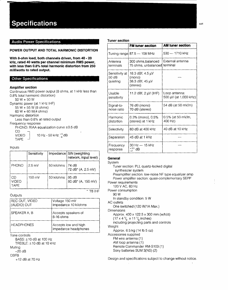 Specifications, Audio power specifications, Power output and total harmonic distortion | Other specifications, Amplifier section, General | Sony 3-753-022-22(1) User Manual | Page 12 / 12