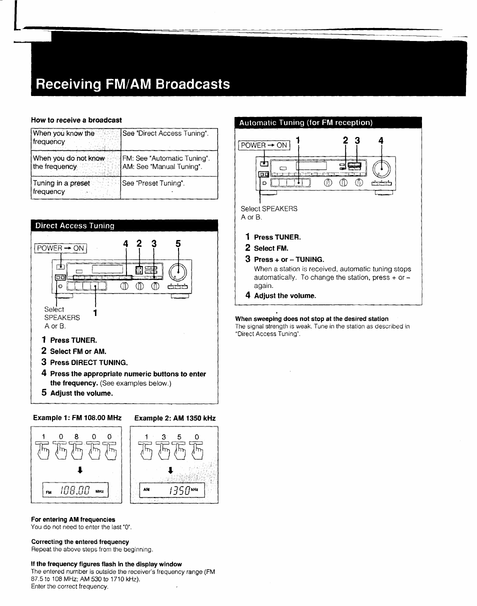 Receiving fm/am broadcasts, Direct access tuning, 1 press tuner | 2 select fm or am, 3 press direct tuning, 5 adjust the volume, 2 select fm, 3 press + or-tuning, 4 adjust the volume, Example 1: fm 108.00 mhz example 2: am 1350 khz | Sony 3-753-022-22(1) User Manual | Page 3 / 12