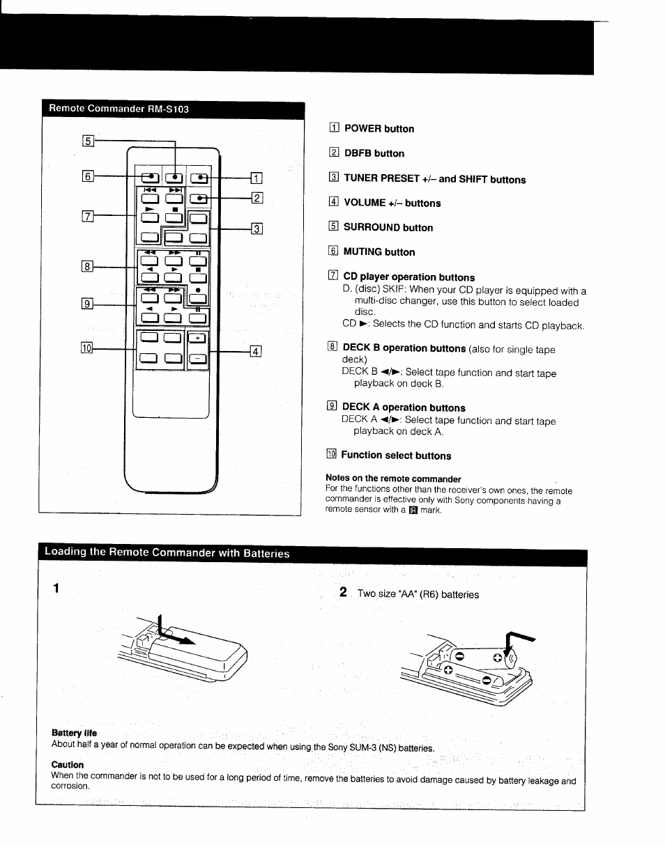 M power button [1] dbfb button, H] cd player operation buttons, U deck a operation buttons | Li function select buttons, Loading the remote commander with batteries | Sony 3-753-022-22(1) User Manual | Page 8 / 12