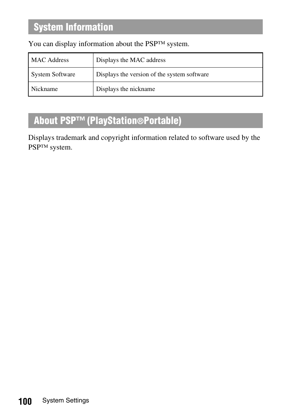 System information, About psp™ (playstation, Portable) | Sony PSP-1003 User Manual | Page 100 / 148