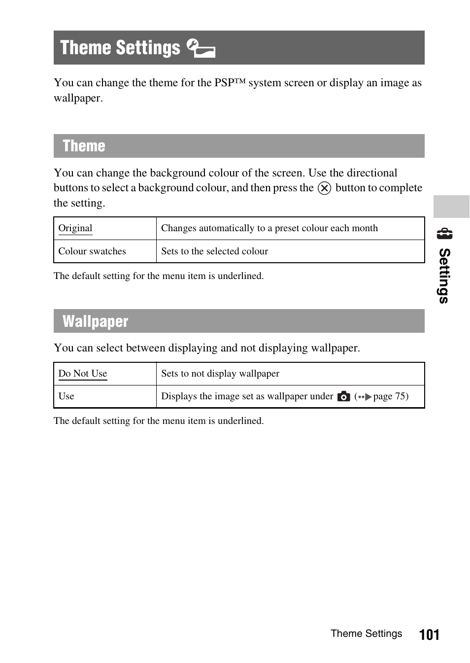 Theme settings, Theme, Wallpaper | 101 settings | Sony PSP-1003 User Manual | Page 101 / 148