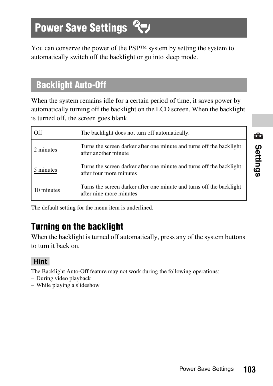 Power save settings, Turning on the backlight, Backlight auto-off | 103 settings | Sony PSP-1003 User Manual | Page 103 / 148