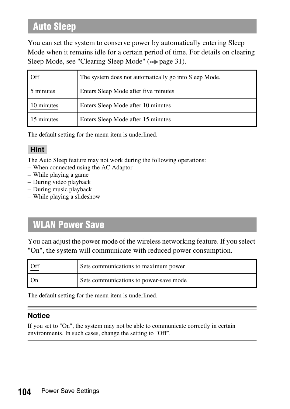 Auto sleep, Wlan power save | Sony PSP-1003 User Manual | Page 104 / 148