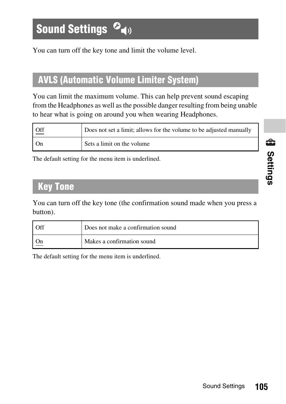 Sound settings, Avls (automatic volume limiter system), Key tone | 105 settings | Sony PSP-1003 User Manual | Page 105 / 148