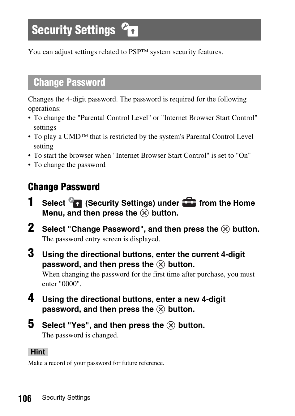 Security settings, Change password | Sony PSP-1003 User Manual | Page 106 / 148