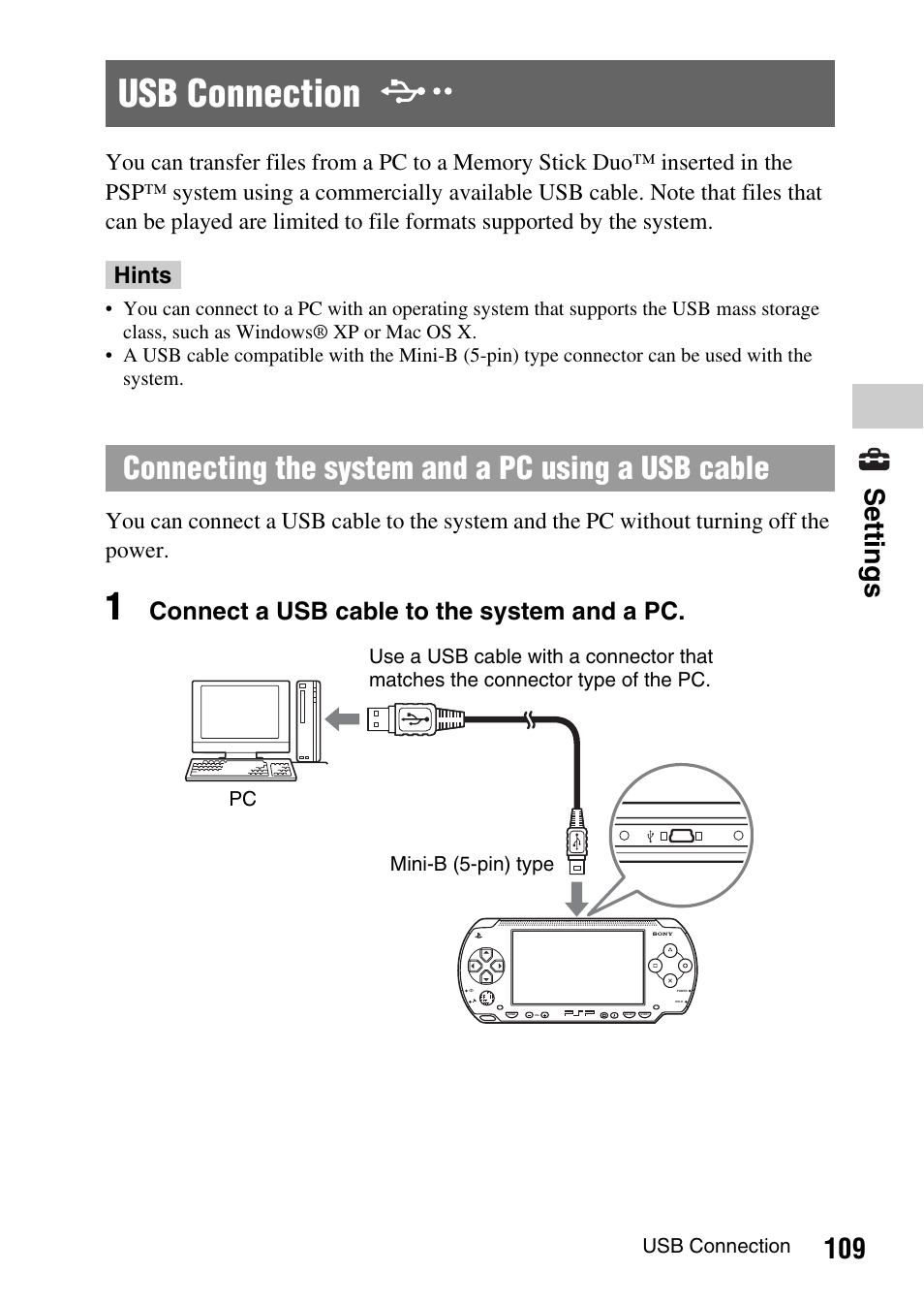 Usb connection, Connecting the system and a pc using a usb cable, 109 settings | Connect a usb cable to the system and a pc | Sony PSP-1003 User Manual | Page 109 / 148