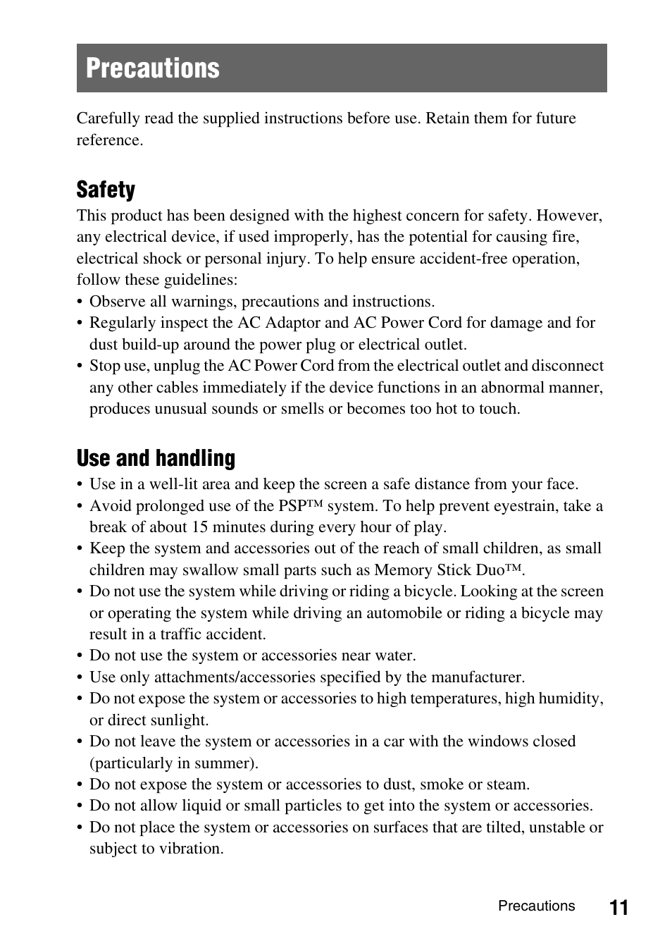 Precautions, Safety, Use and handling | Sony PSP-1003 User Manual | Page 11 / 148