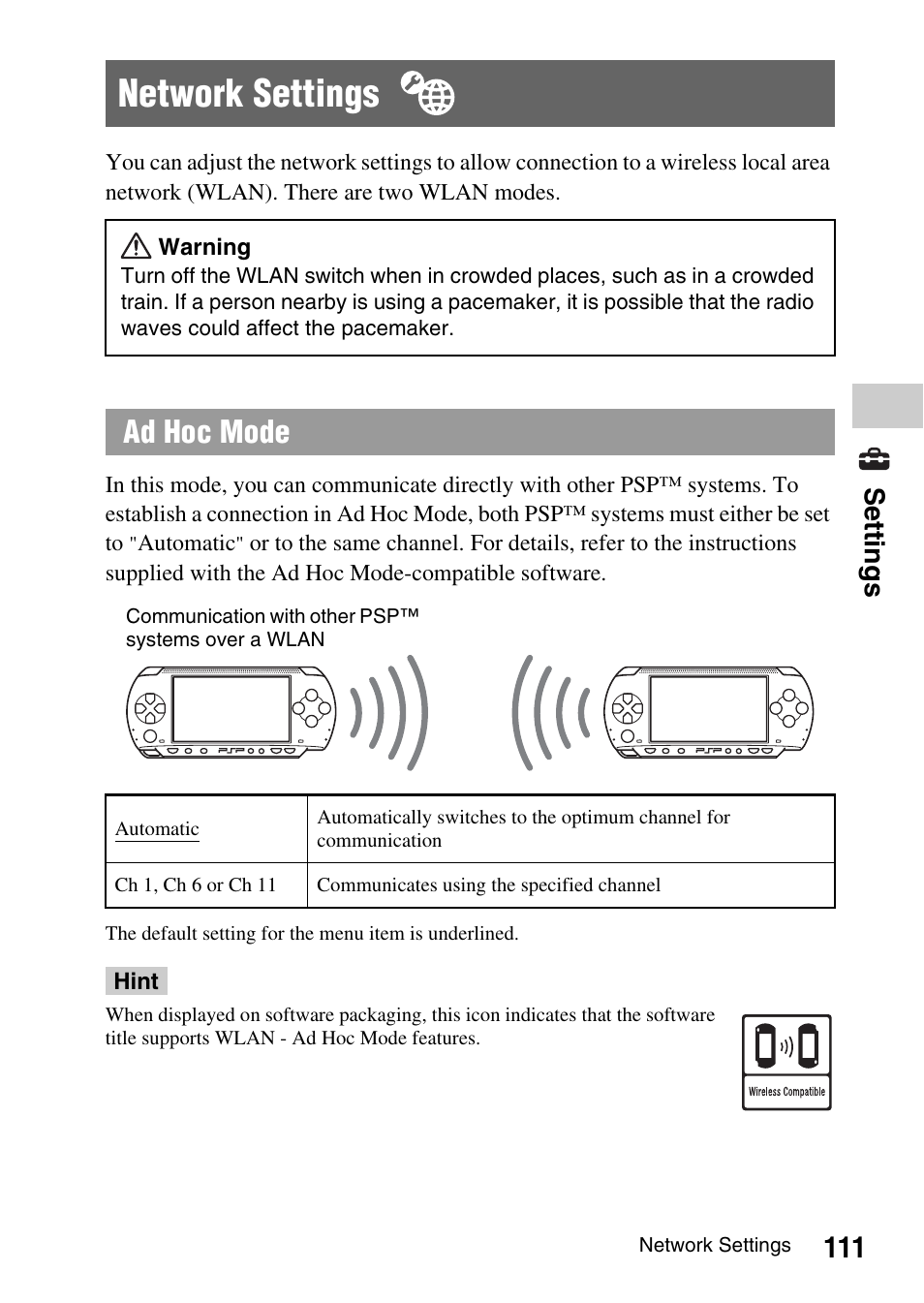 Network settings, Ad hoc mode, 111 settings | Sony PSP-1003 User Manual | Page 111 / 148