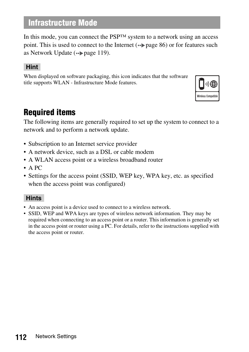 Required items, Infrastructure mode | Sony PSP-1003 User Manual | Page 112 / 148