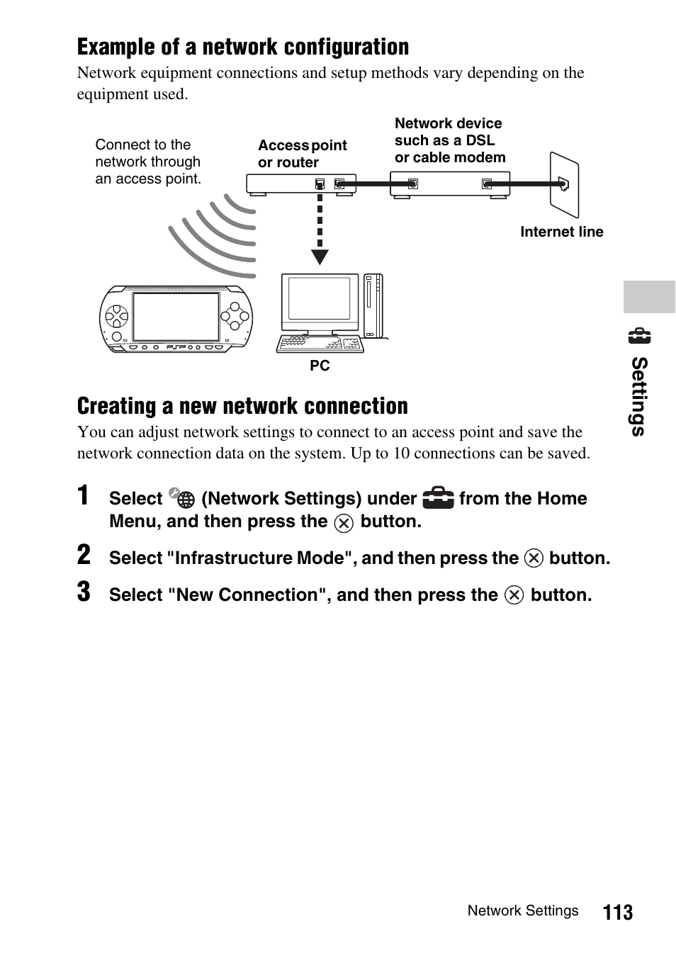 Example of a network configuration, Creating a new network connection | Sony PSP-1003 User Manual | Page 113 / 148