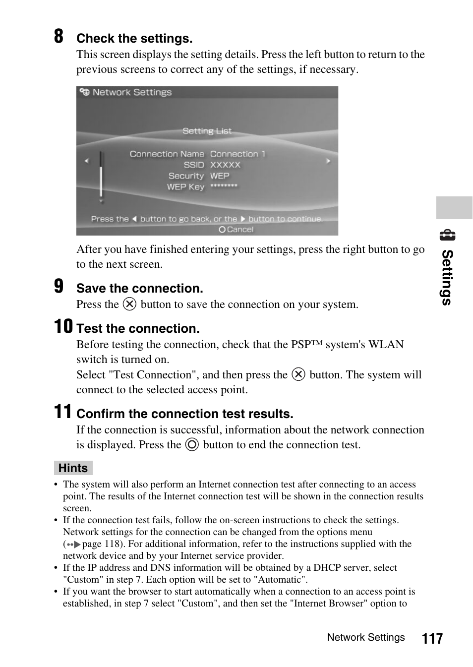 117 settings | Sony PSP-1003 User Manual | Page 117 / 148