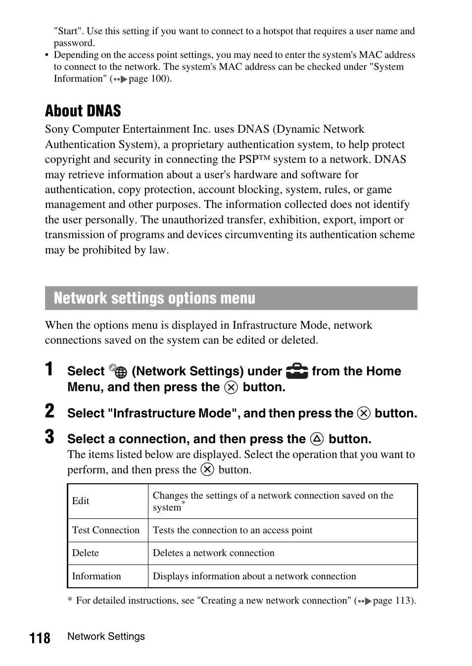 About dnas, Network settings options menu | Sony PSP-1003 User Manual | Page 118 / 148