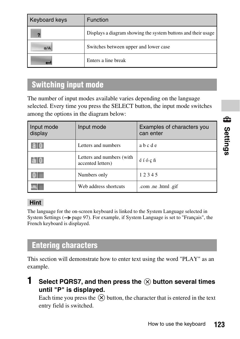 Switching input mode, Entering characters, 123 settings | Sony PSP-1003 User Manual | Page 123 / 148